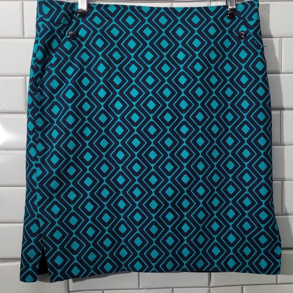 Loft Ladies Pencil Skirt Side Zipper Knee Length Color(S) Navy Teal Abstract Pat - Picture 1 of 6